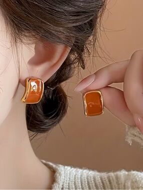 Gold-Tone Orange Rectangular Enamel Earrings